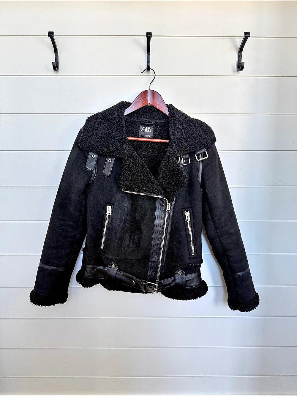 Zara Faux Shearling Aviator Biker Jacket Black